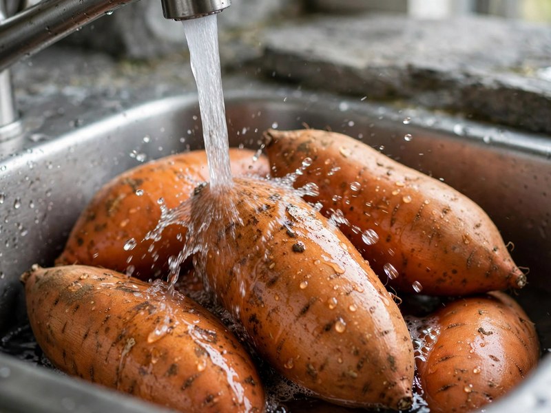 Süßkartoffeln werden unter fließendem Wasser gewaschen