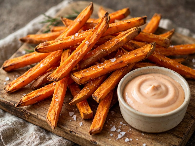Servierfertige Süßkartoffel-Pommes mit Meersalz und Dip
