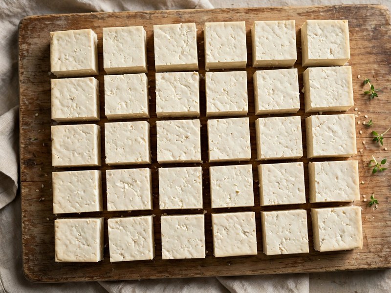 Gepresster Tofu wird in 2 cm große Würfel geschnitten