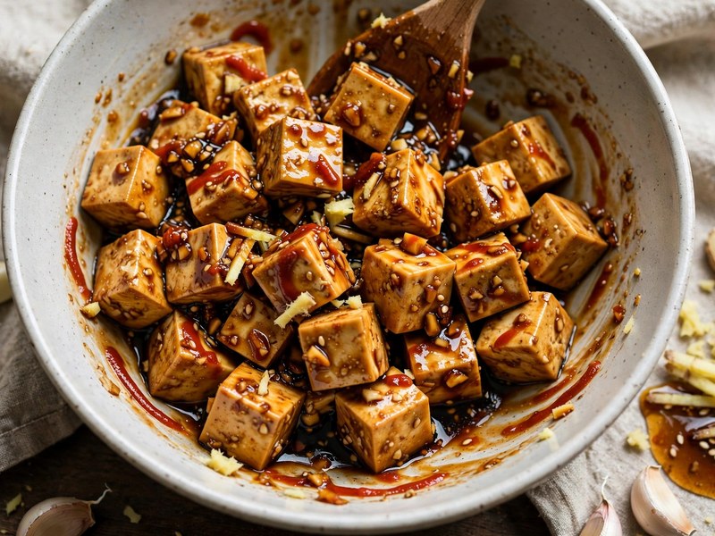 Marinade für Tofu wird in einer Schüssel angerührt