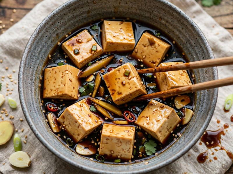 Tofu-Würfel marinieren in einer Schüssel mit Sojasauce