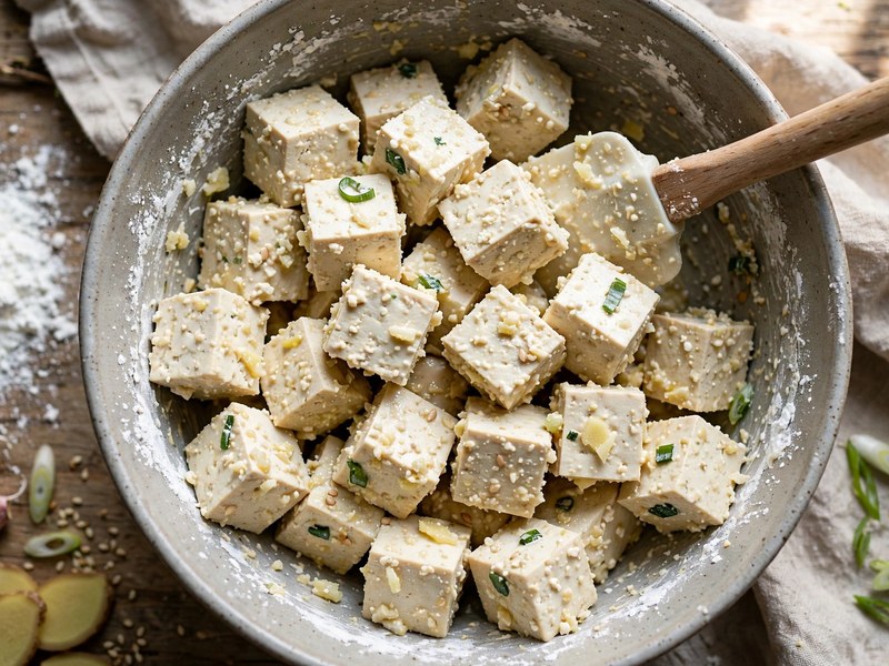 Speisestärke wird unter die Tofu-Marinade gehoben