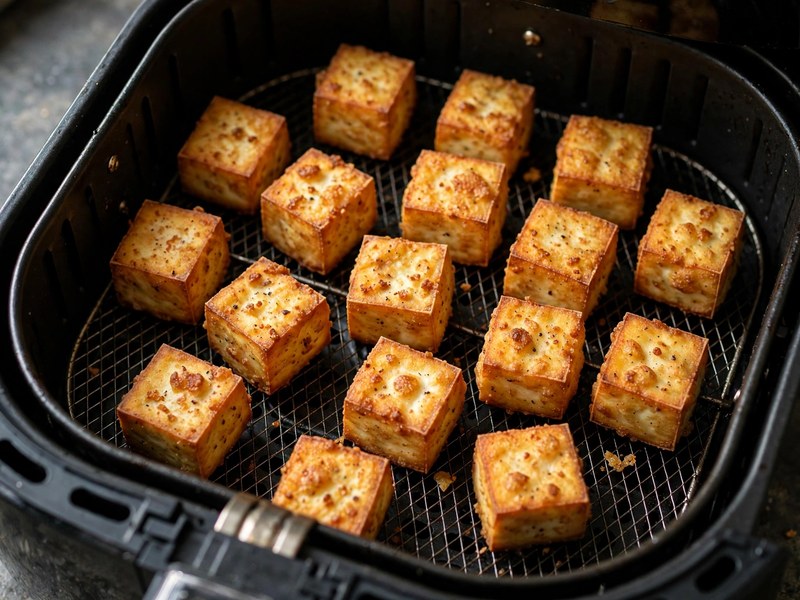 Tofu-Würfel garen im Airfryer-Korb bei 195 °C