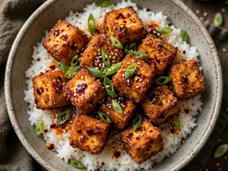 Servierfertiger knuspriger Tofu mit Sesam und Frühlingszwiebeln